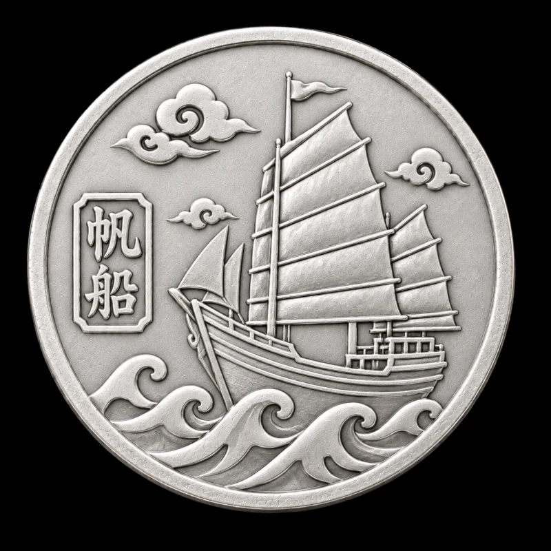 Celestial Ship hand-stamped silver coin