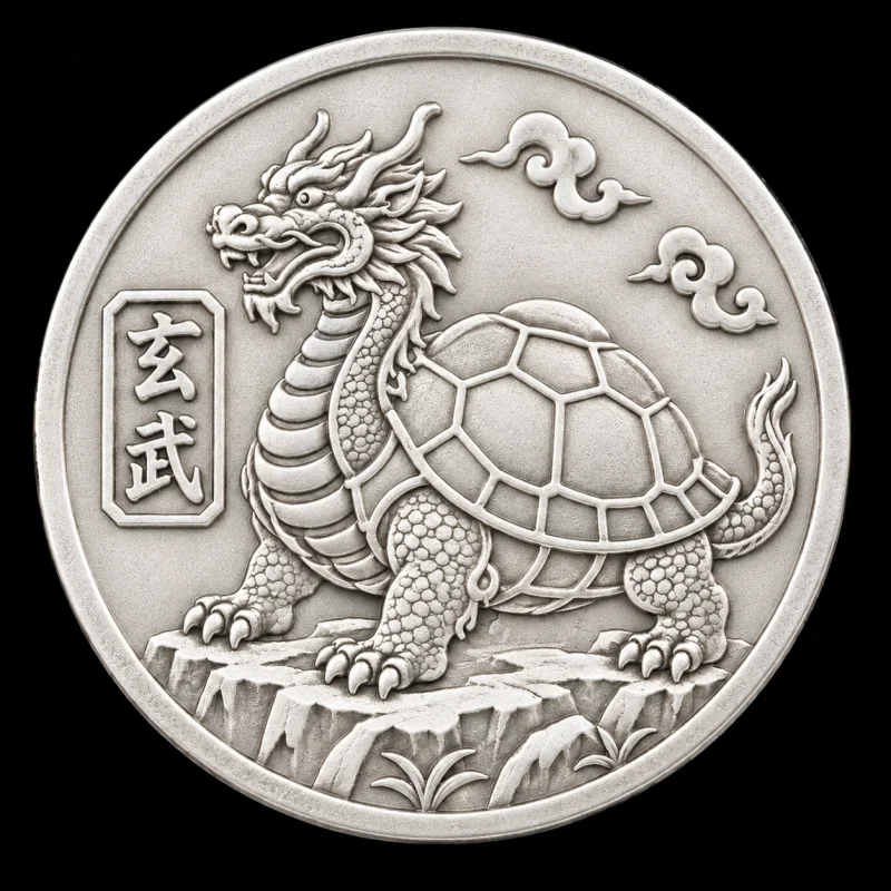 Dragon Turtle Guardian hand-stamped silver coin