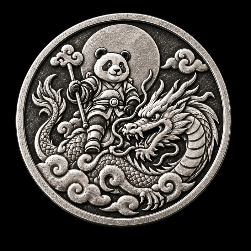 Panda Dragonrider hand-stamped silver coin