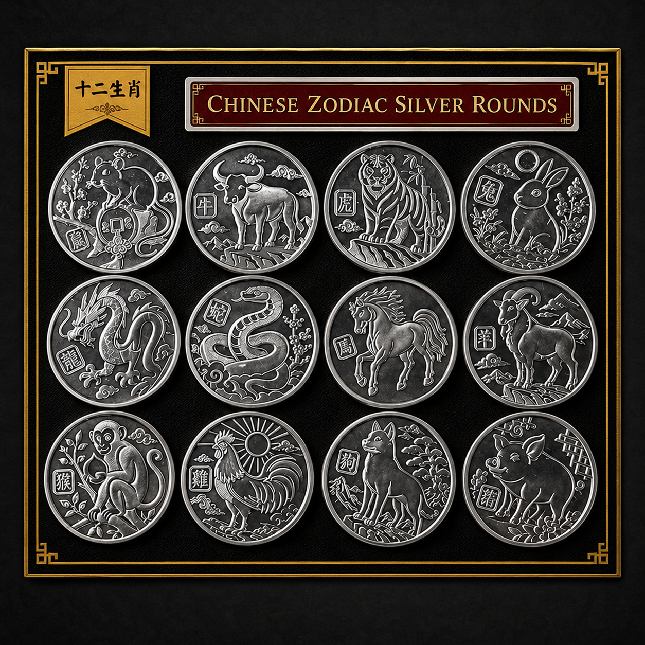 The complete Chinese zodiac silver round set, featuring all twelve animals in a black and gold presentation